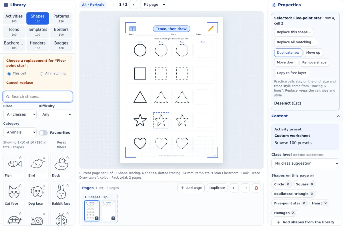 Shape library filtered to animals while a star cell on the worksheet is selected in replace mode.