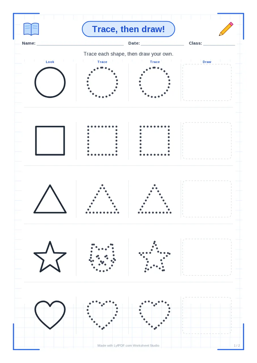 A printable shape tracing worksheet with a model, two tracing copies and a drawing box for each shape.