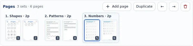 Pages strip showing three page sets: shapes, patterns and numbers.