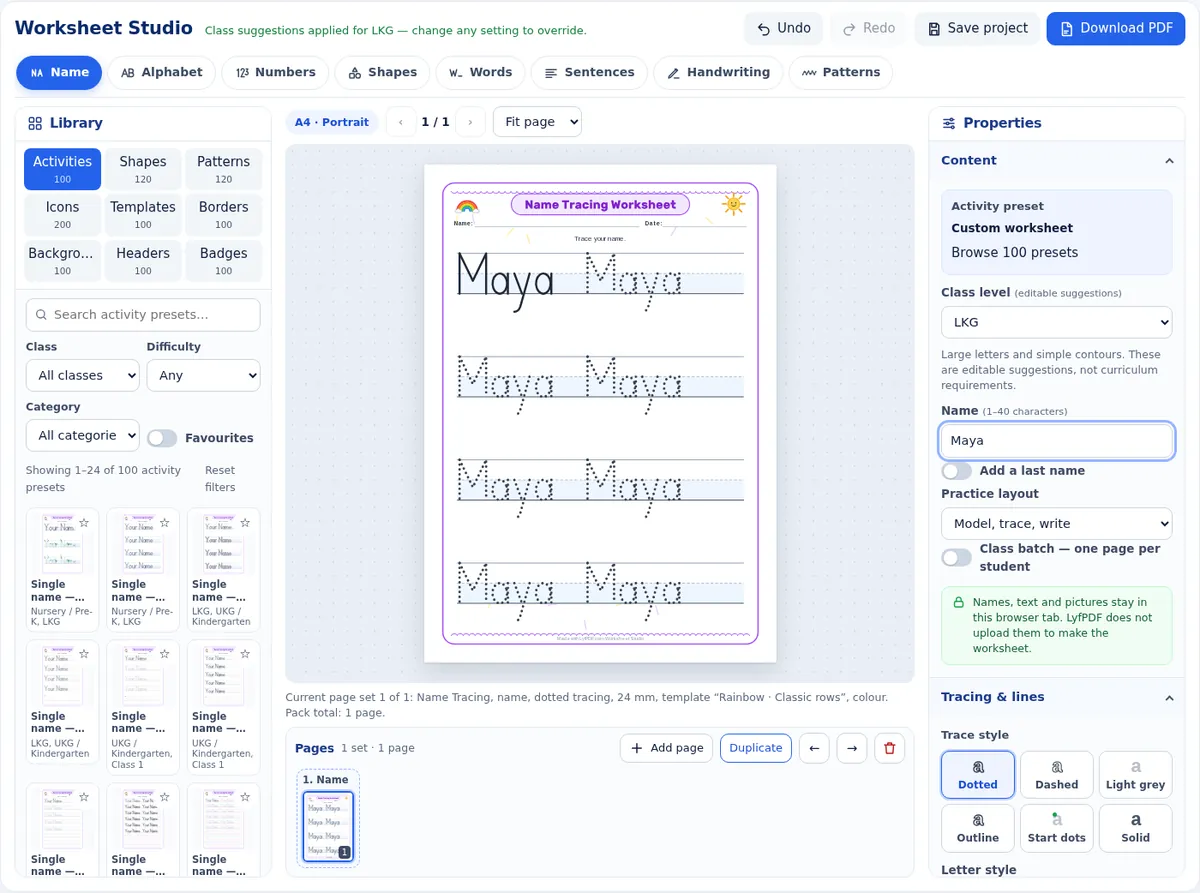Worksheet Studio with the library on the left, the worksheet preview in the middle and the properties panel on the right.